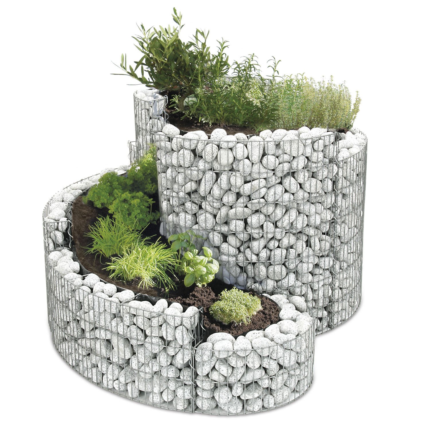 Jardinière spirale aromatique "escargot"en gabion avec film de séparation 140 cm x 110 cm x 80-20 cm, mailles 2,5 x 10 cm