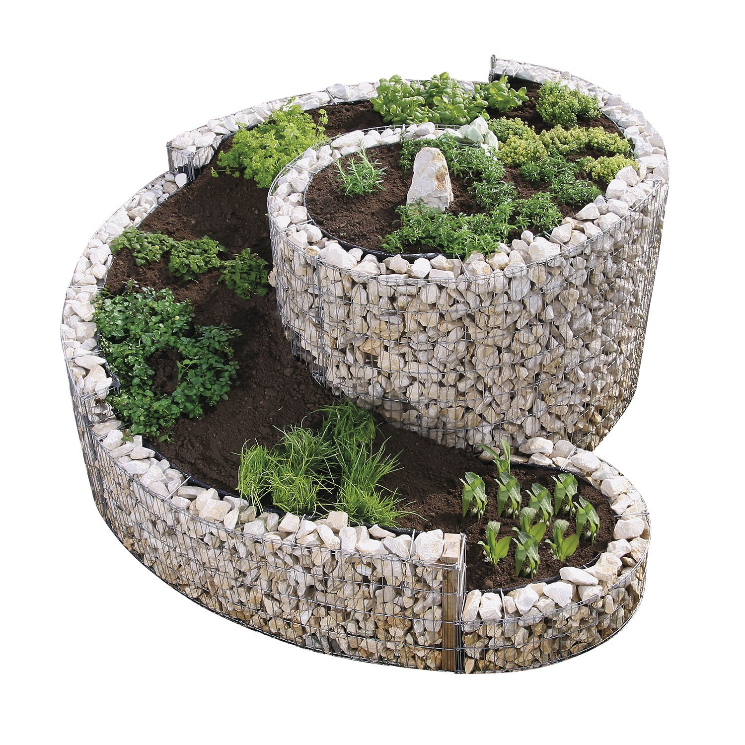 Jardinière spirale aromatique avec film de séparation et poteau bois, 200 cm x 150 cm x H 80-20 cm, mailles 2,5 x 10 cm