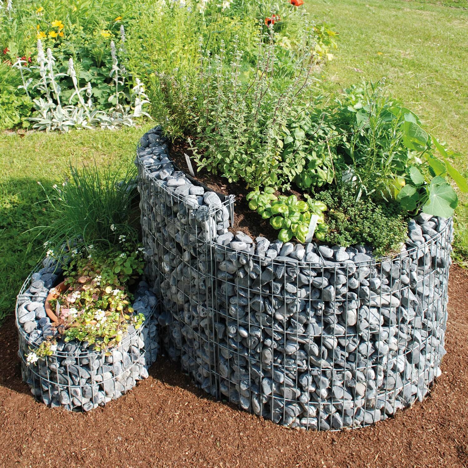 jardinière spirale aromatique en gabion avec film de séparation 110 cm x 90 cm x 60-20 cm, mailles 2,5 x 10 cm