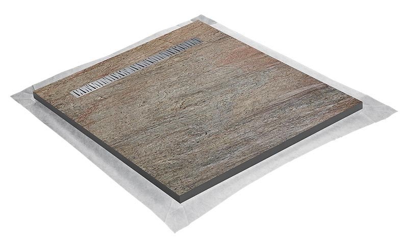 Receveur pierre naturelle cuivre 120 x 120 cm - grille caniveau acier excentrée