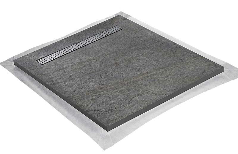 Receveur pierre naturelle ardoise claire 120 x 120 cm - grille caniveau acier excentrée