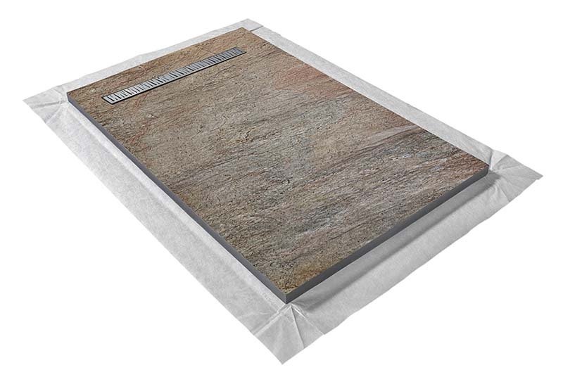 Receveur pierre naturelle cuivre 120 x 80 cm - grille caniveau acier excentrée