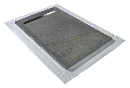 Vignette Receveur pierre naturelle ardoise claire 120 x 80 cm - grille caniveau acier excentrée