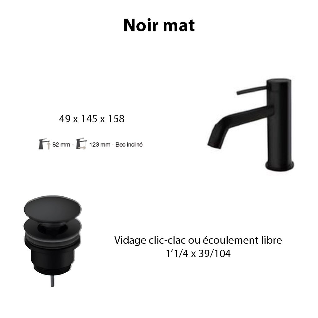 Ensemble mitigeur TIME  bec incliné, noir mat avec vidage clic-clac noir mat