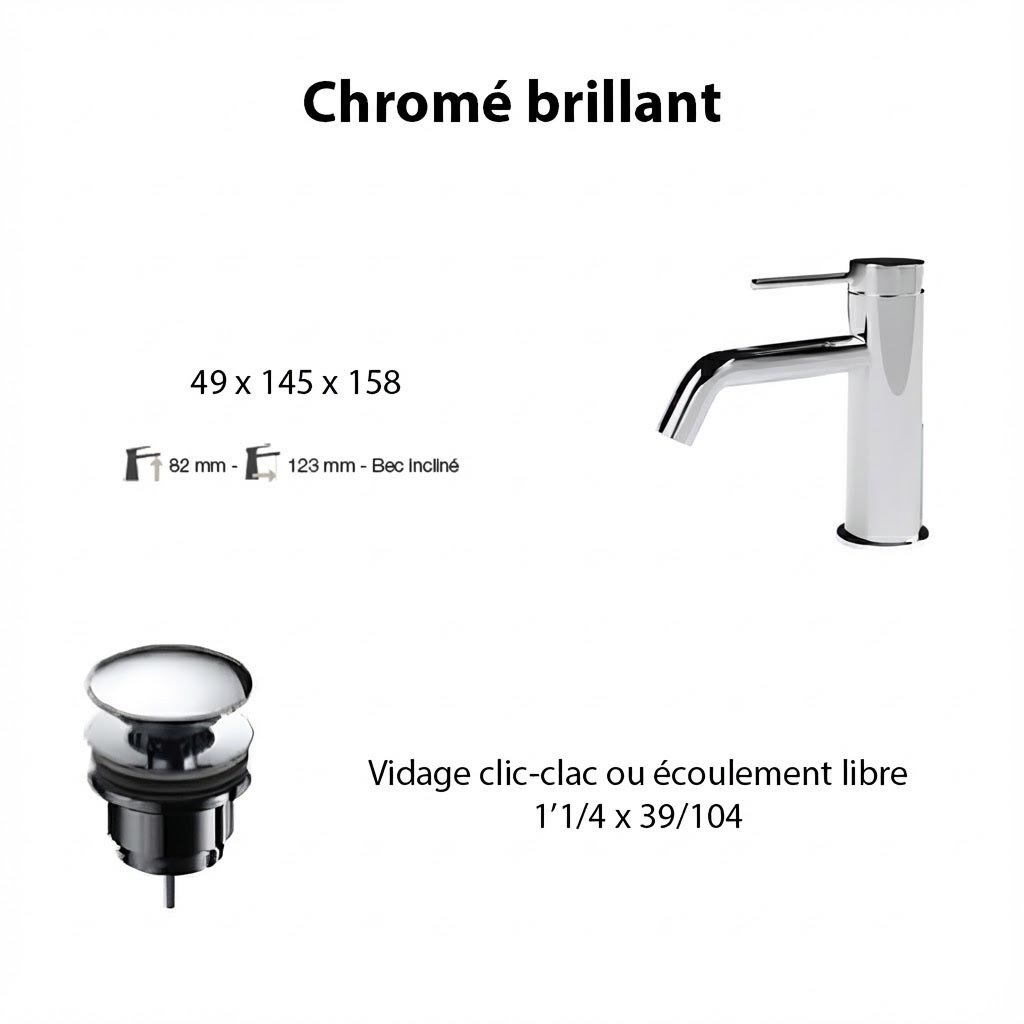 Ensemble mitigeur TIME  bec incliné, chromé brillant avec vidage clic-clac chromé brillant