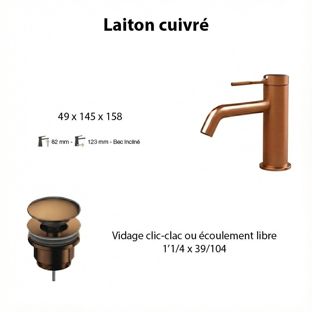 Ensemble mitigeur TIME , cuivre avec vidage clic-clac cuivre