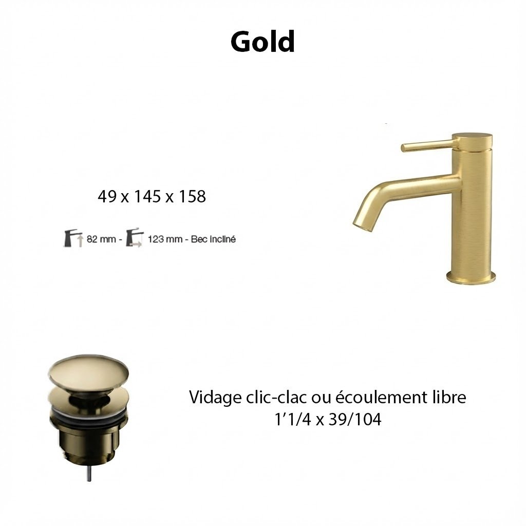 Ensemble mitigeur TIME  bec incliné, gold avec vidage clic-clac gold