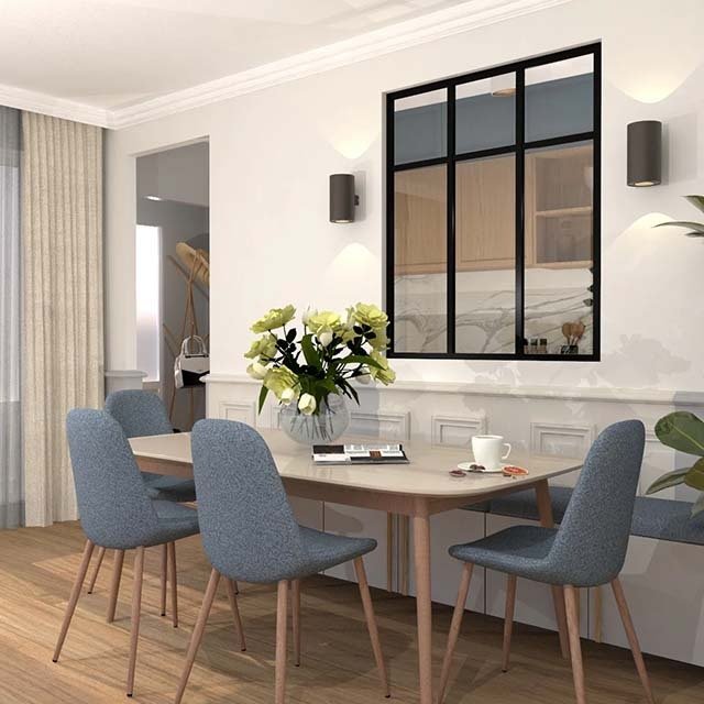 Verrière type atelier 3 vitrages clairs avec 3 traverses décoratives, chassis noir, largeur 105 cm