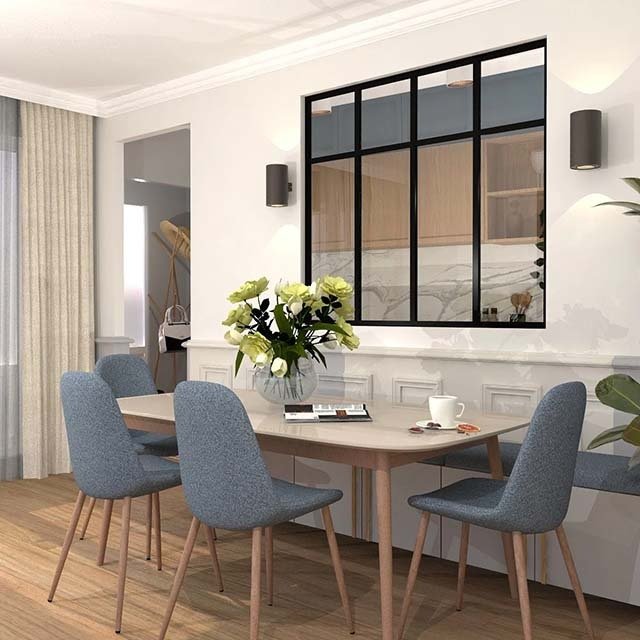 Verrière type atelier 4 vitrages clairs avec 4 traverses décoratives, chassis noir, largeur 139 cm