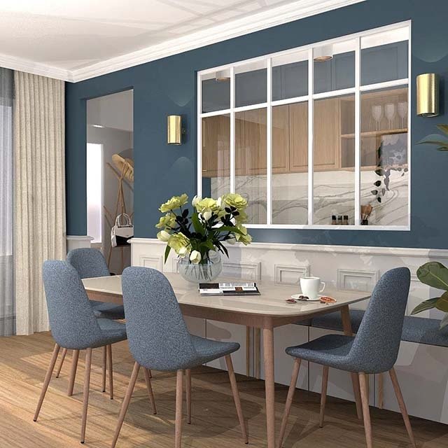 Verrière type atelier 5 vitrages clairs avec 5 traverses décoratives, chassis blanc, largeur 173 cm