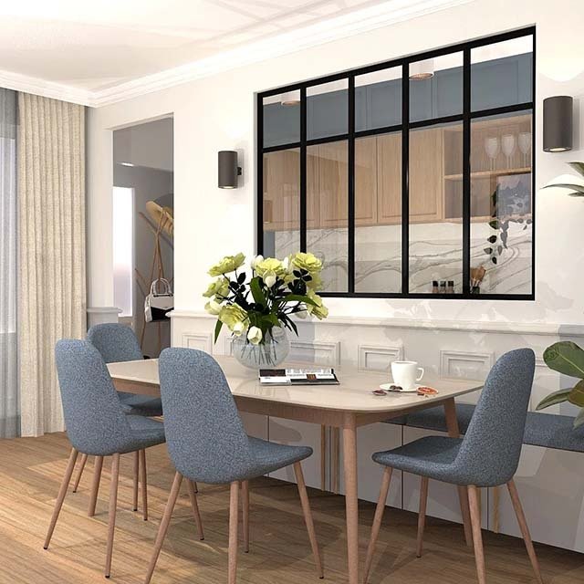 Verrière type atelier 5 vitrages clairs avec 5 traverses décoratives, chassis noir, largeur 173 cm