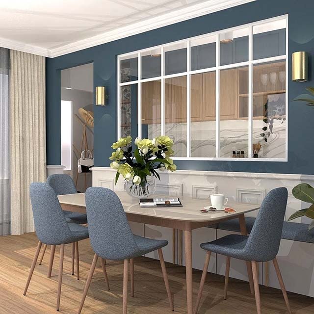 Verrière type atelier 6 vitrages clairs avec 6 traverses décoratives, chassis blanc, largeur 207 cm