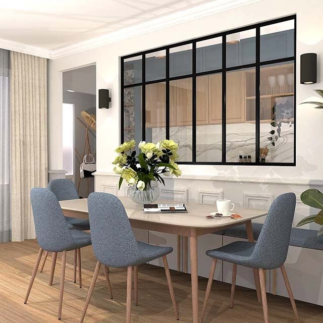 Verrière type atelier 6 vitrages clairs avec 6 traverses décoratives, chassis noir, largeur 207 cm