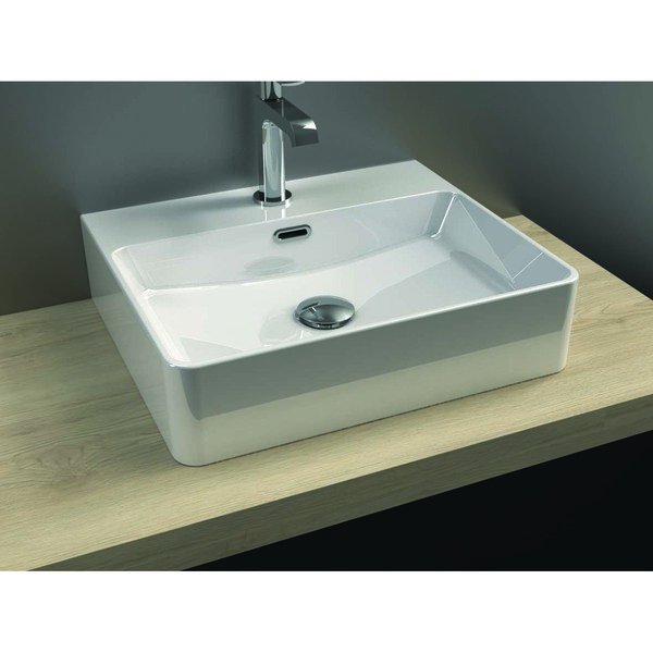 Vasque à poser rectangulaire avec trop plein, céramique blanche