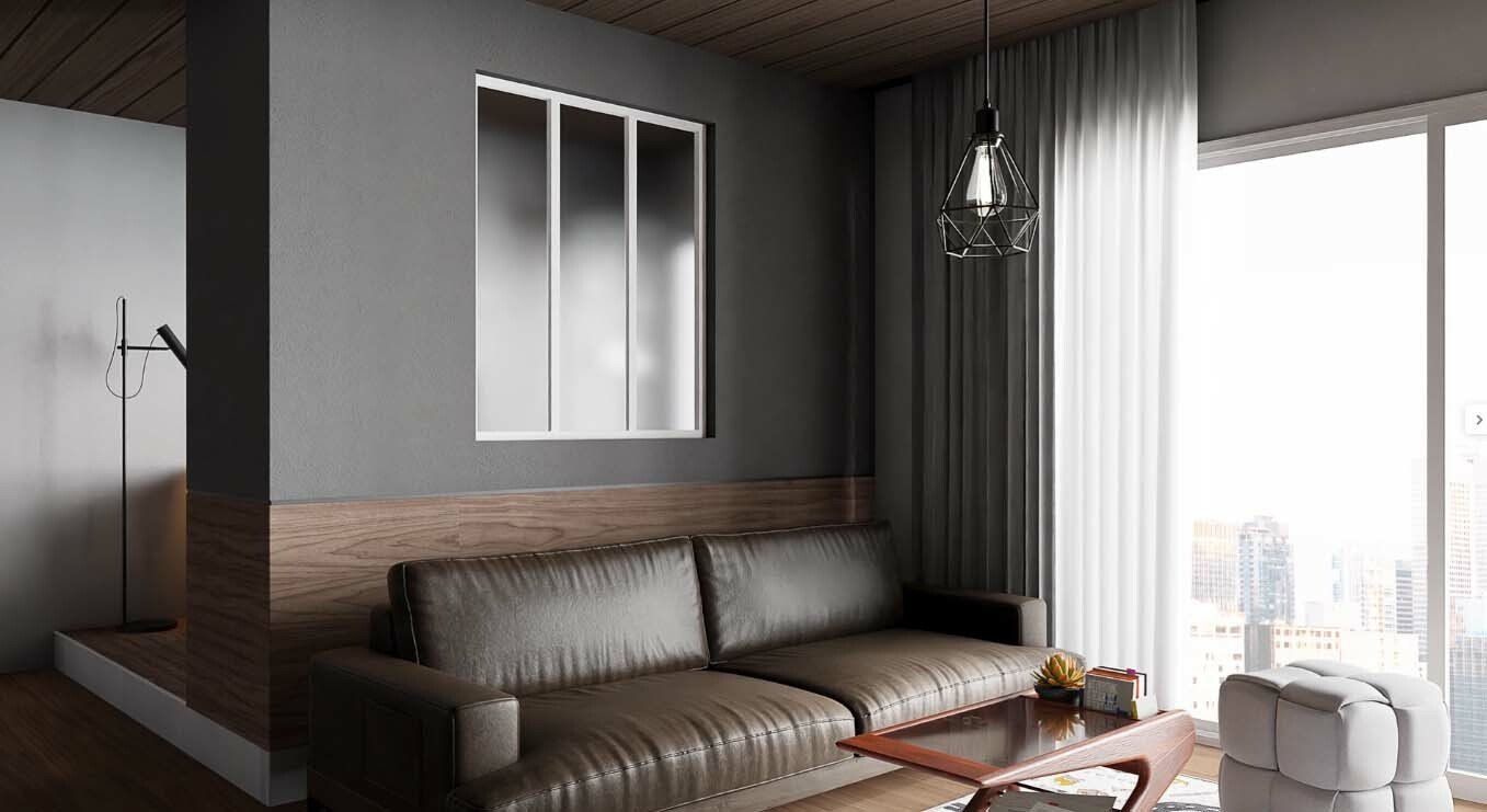 Verrière de type atelier 3 vitrages dépolis, chassis blanc, largeur 105 cm