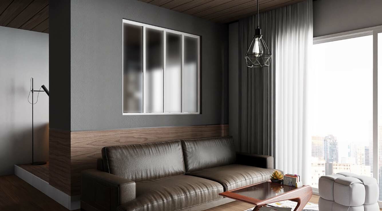 Verrière de type atelier 4 vitrages dépolis, chassis blanc, largeur 139 cm