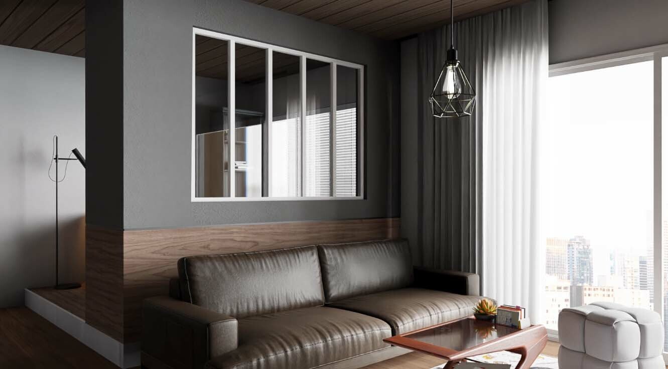 Verrière de type atelier 5 vitrages clairs, chassis blanc, largeur 173 cm