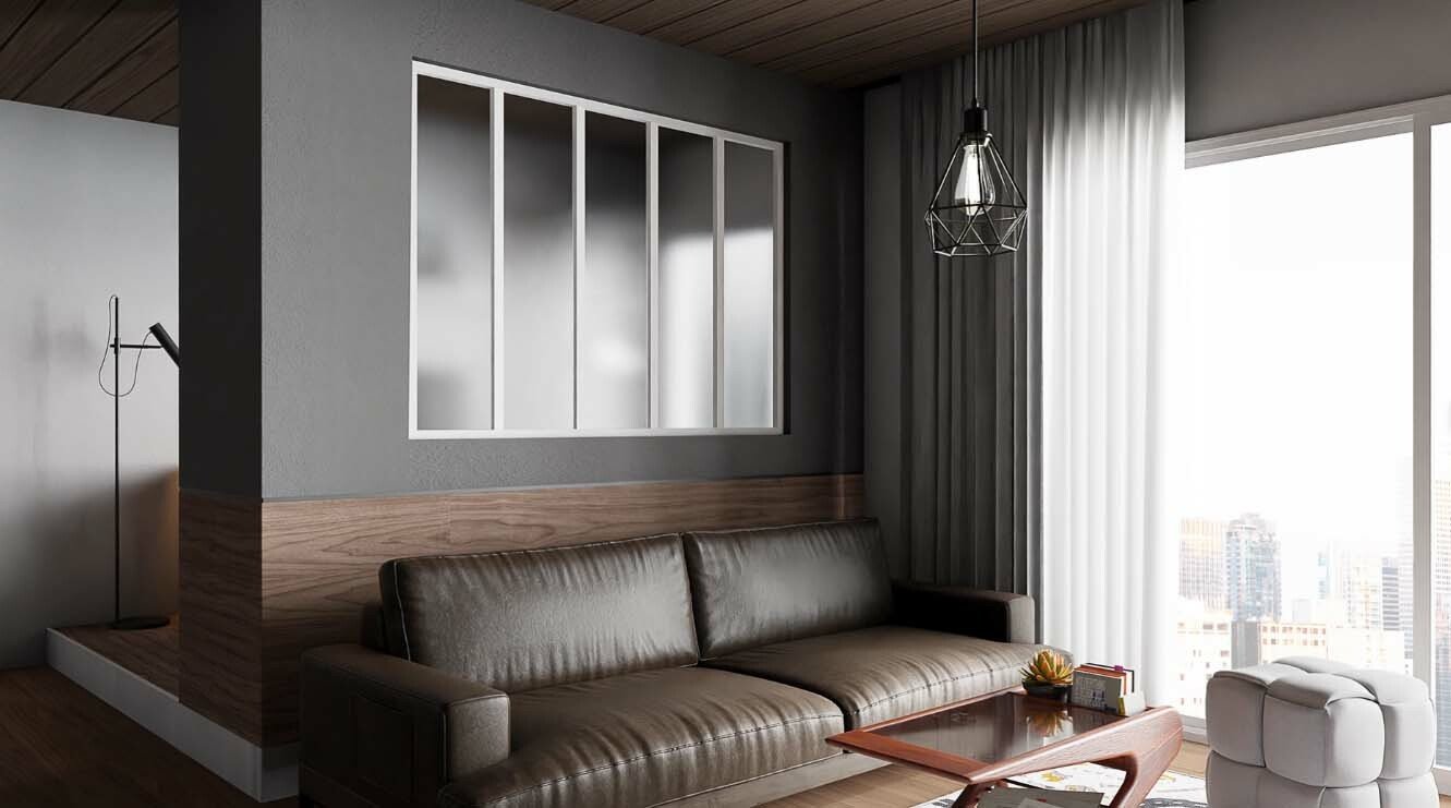 Verrière de type atelier 5 vitrages dépolis, chassis blanc, largeur 173 cm