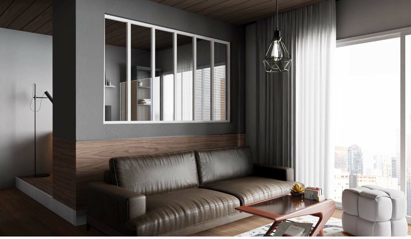 Verrière de type atelier 6 vitrages clairs, chassis blanc, largeur 207 cm