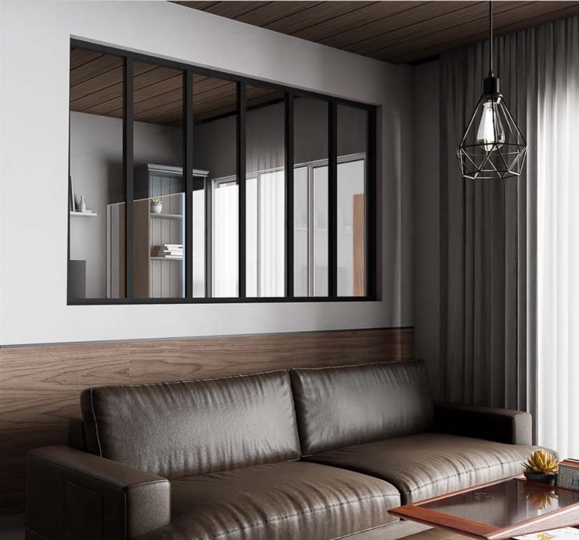 Verrière de type atelier 6 vitrages clairs, chassis noir, largeur 207 cm