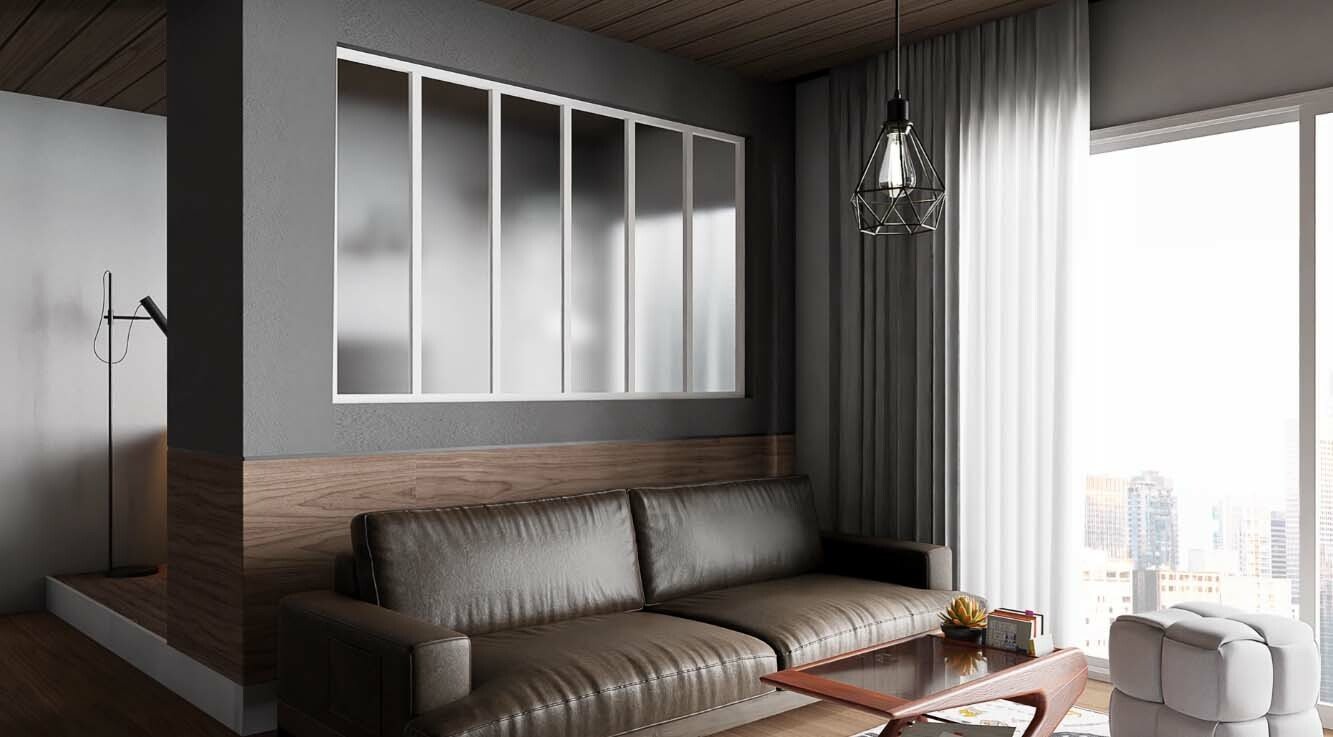 Verrière de type atelier 6 vitrages dépolis, chassis blanc, largeur 207 cm