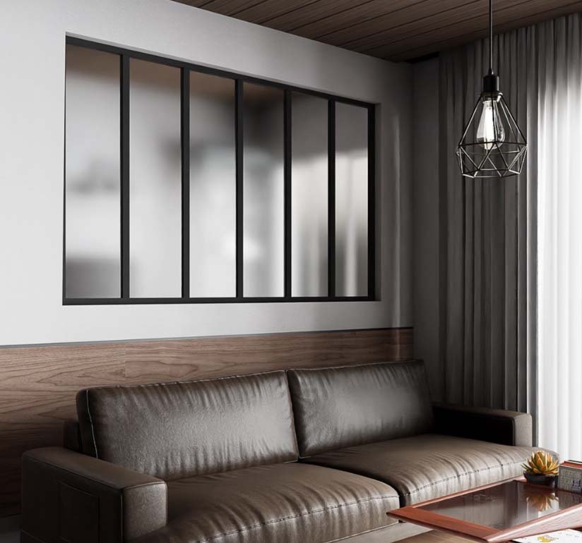 Verrière de type atelier 6 vitrages dépolis, chassis noir, largeur 207 cm