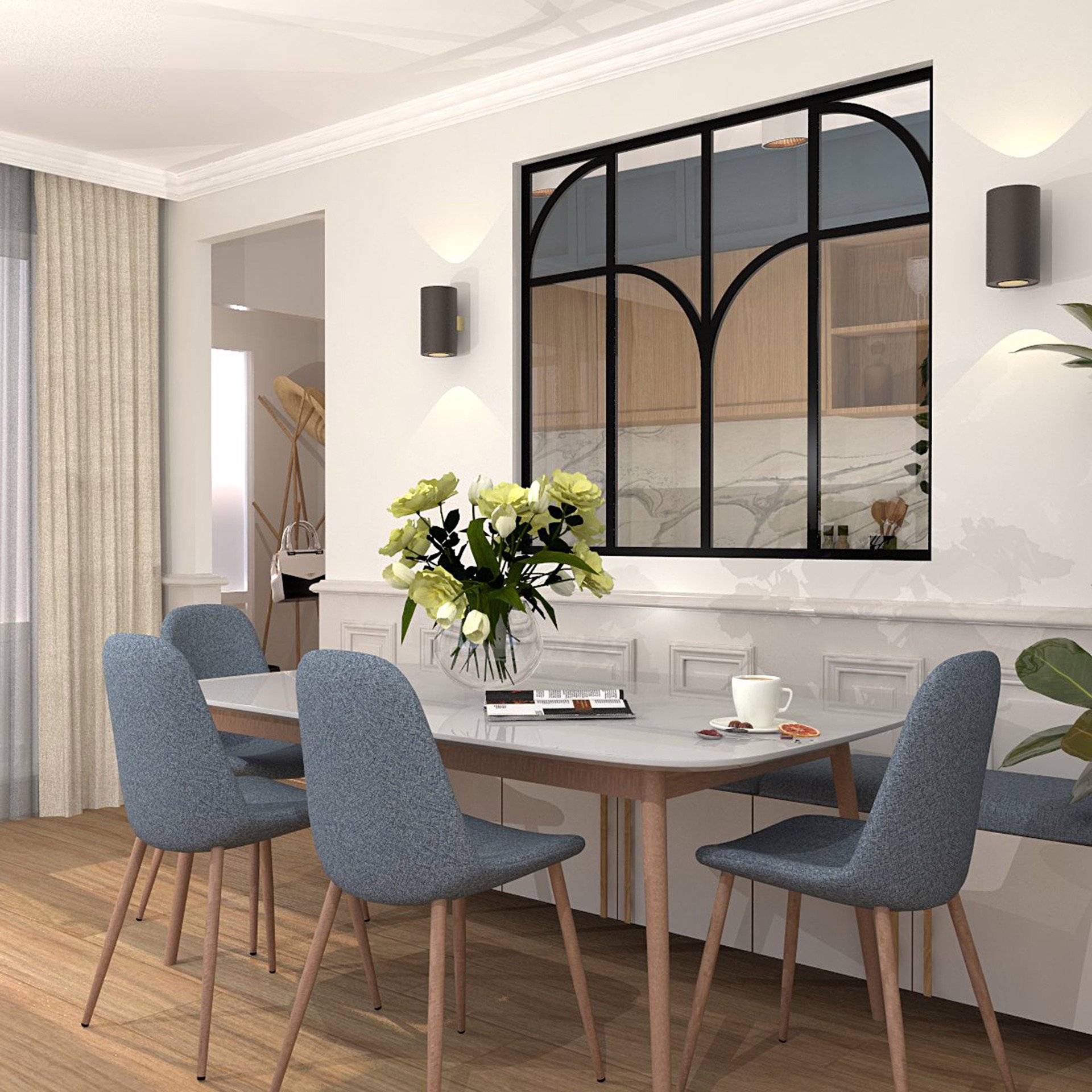 Verrière type atelier 4 vitrages clairs avec 4 arches et 2 traverses décoratives, chassis noir, largeur 139 cm