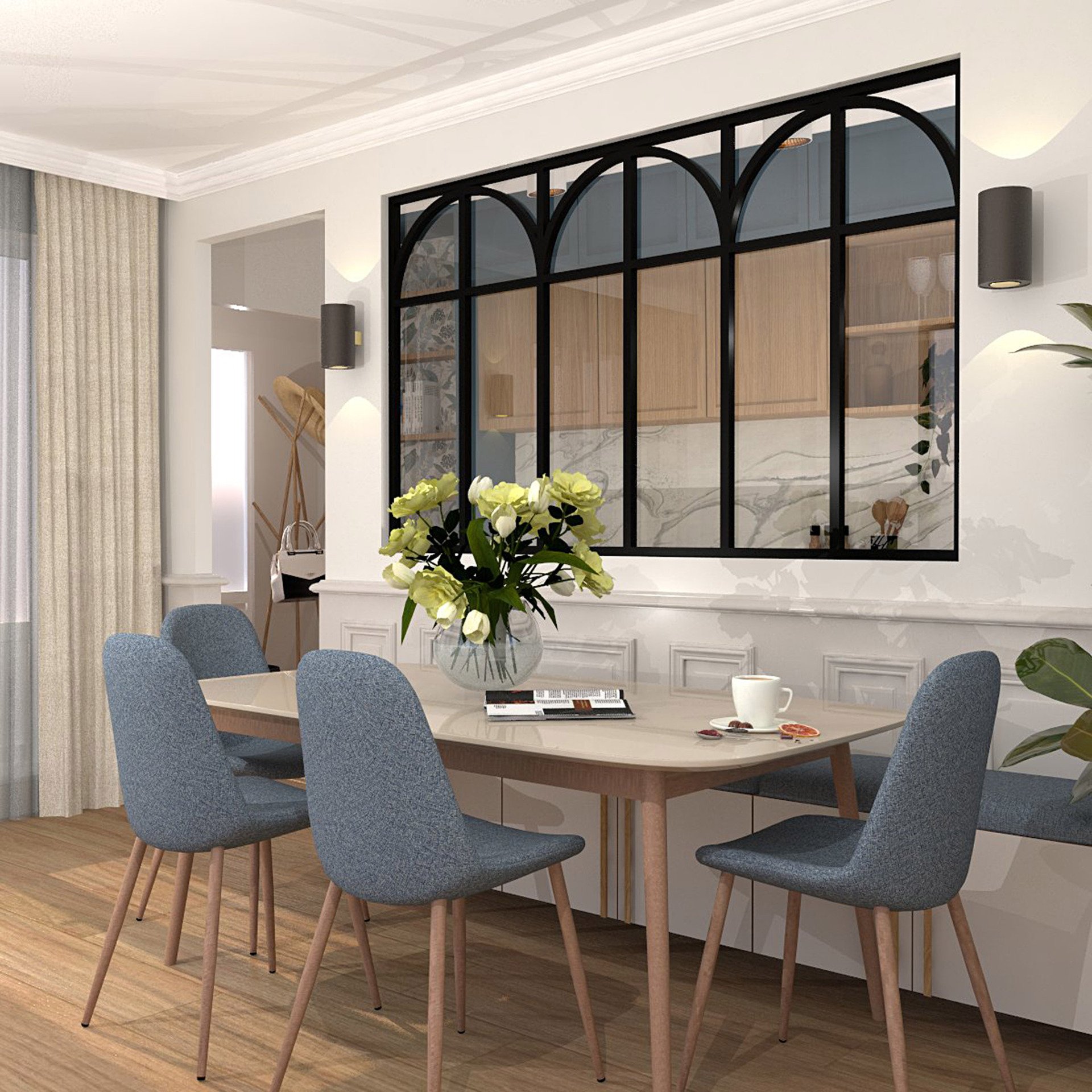 Verrière type atelier 6 vitrages clairs avec 6 arches et 6 traverses décoratives, chassis noir, largeur 207 cm