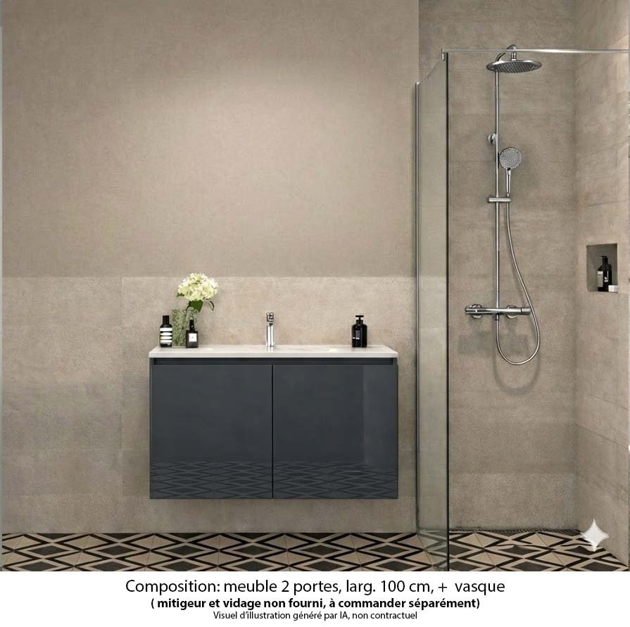 Ensemble meuble de salle de bain Oxford 80 cm basalte brillant, plan vasque marbre reconstitué,  2 portes