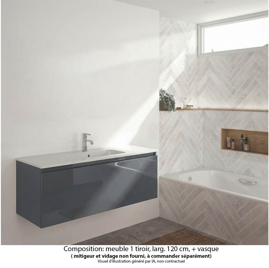 Ensemble meuble de salle de bain Oxford 120 cm basalte brillant, vasque marbre reconstitué,  1 tiroir