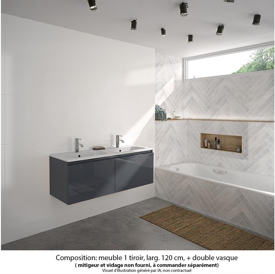 Ensemble meuble de salle de bain Oxford 120 cm basalte brillant, plan double vasque marbre reconstitué,  2 tiroirs