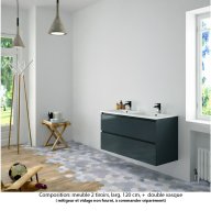 Ensemble meuble de salle de bain Oxford 120 cm basalte brillant, plan double vasque marbre reconstitué, 2 tiroirs