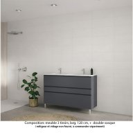 Ensemble meuble de salle de bain Oxford 120 cm basalte brillant, plan double vasque marbre reconstitué, 3 tiroirs