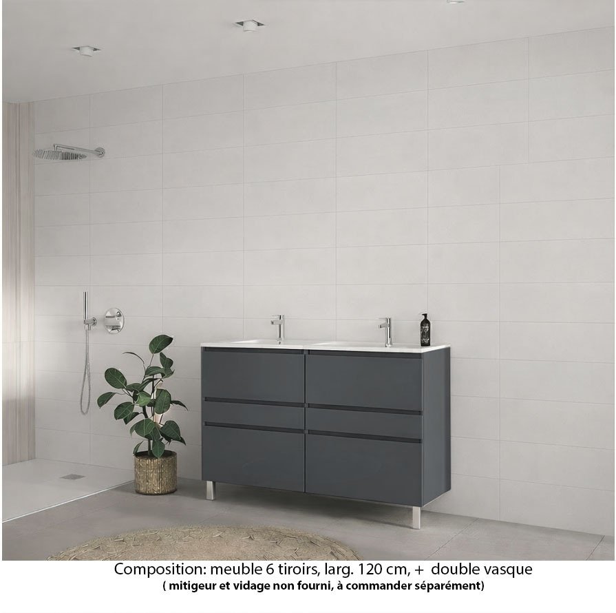 Ensemble meuble de salle de bain Oxford 120 cm basalte brillant, plan double vasque marbre reconstitué,  6 tiroirs