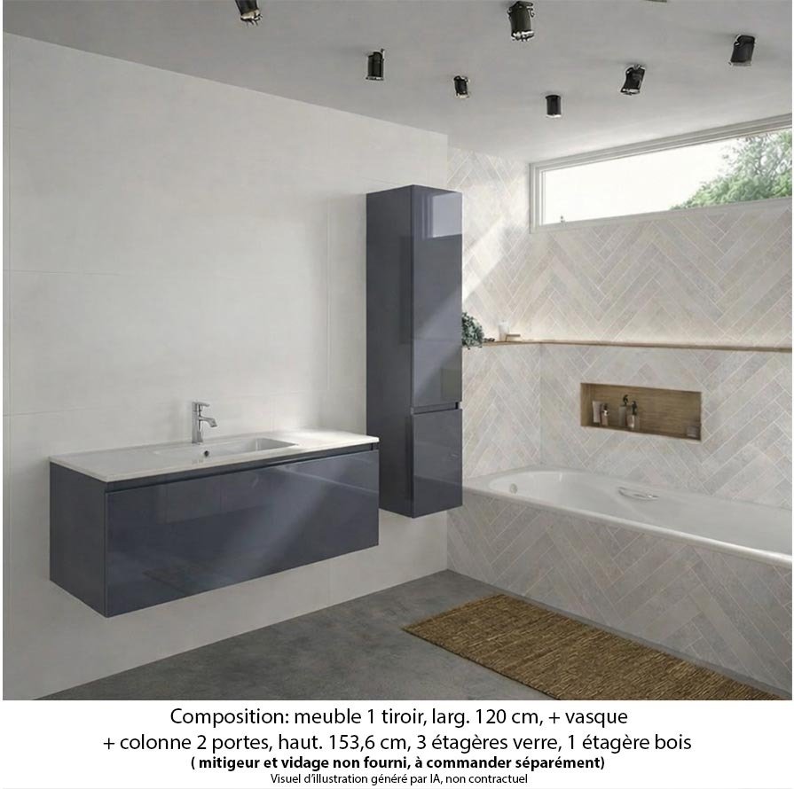 Ensemble meuble de salle de bain Oxford 120 cm basalte brillant, plan vasque marbre reconstitué,  1 tiroir +colonne P. 35 cm x H. 153 cm