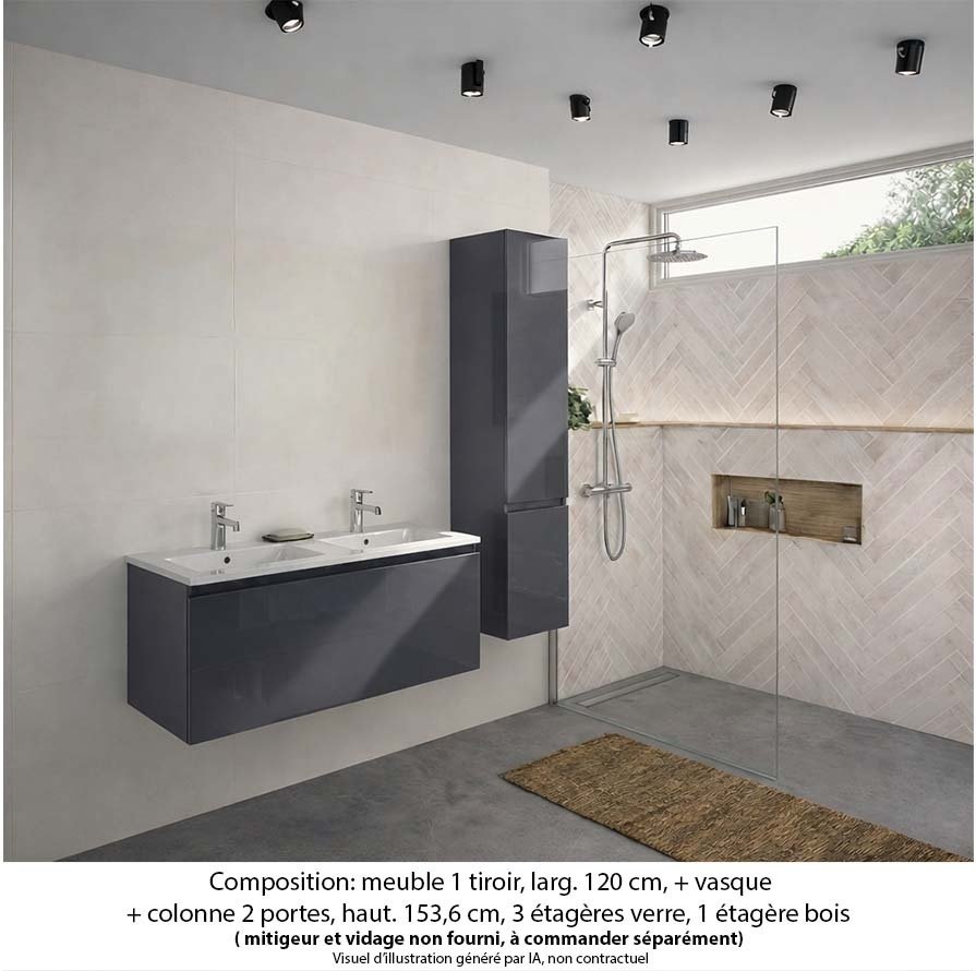 Ensemble meuble de salle de bain Oxford 120 cm basalte brillant, plan double vasque marbre reconstitué,  1 tiroir +colonne P. 35 cm x H. 153 cm
