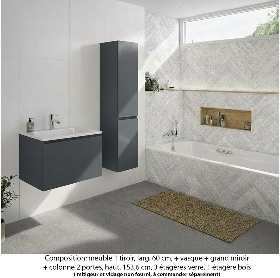 Ensemble meuble de salle de bain Oxford 80 cm basalte brillant, plan vasque marbre reconstitué,  1 tiroir +colonne P. 35 cm x H. 153 cm