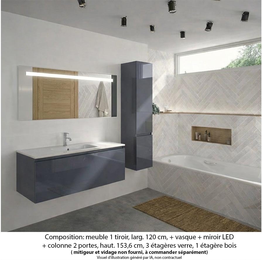 Ensemble meuble de salle de bain Oxford 120 cm basalte brillant, plan vasque marbre reconstitué,  1 tiroir +colonne P. 35 cm x H. 153 cm  , miroir LED