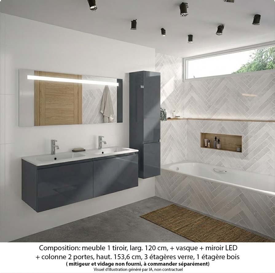 Ensemble meuble de salle de bain Oxford 120 cm basalte brillant, plan double vasque marbre reconstitué,  2 tiroirs + colonne P. 35 cm x H. 153 cm  , miroir LED