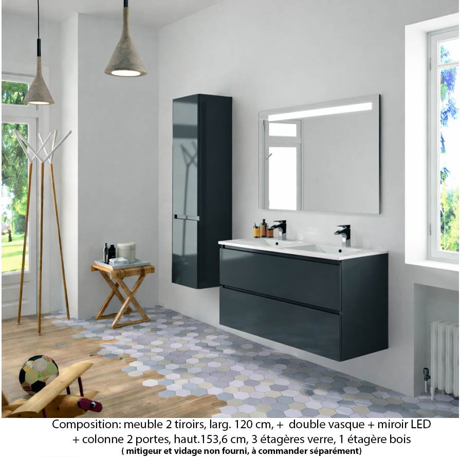 Ensemble meuble de salle de bain Oxford 120 cm basalte brillant, plan double vasque céramique,  2 tiroirs + colonne P. 35 cm x H. 153 cm , miroir LED