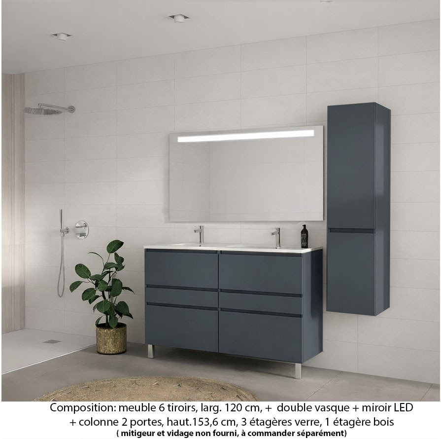 Ensemble meuble de salle de bain Oxford 120 cm basalte brillant, plan double vasque céramique,  6 tiroirs +colonne P. 35 cm x H. 153 cm , miroir LED