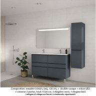 Ensemble meuble de salle de bain Oxford 120 cm basalte brillant, plan double vasque marbre reconstitué, 6 tiroirs +colonne P. 35 cm x H. 153 cm , miroir LED