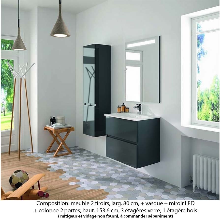 Ensemble meuble de salle de bain Oxford 80 cm basalte brillant, plan vasque céramique,  2 tiroirs + colonne P. 35 cm x H. 153 cm , miroir LED