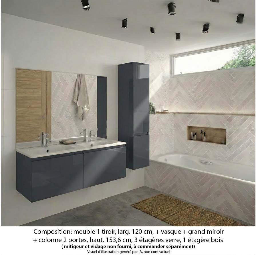 Ensemble meuble de salle de bain Oxford 120 cm basalte brillant, plan double vasque marbre reconstitué, 2 tiroirs , miroir plan , colonne P. 35 cm x H. 153 cm