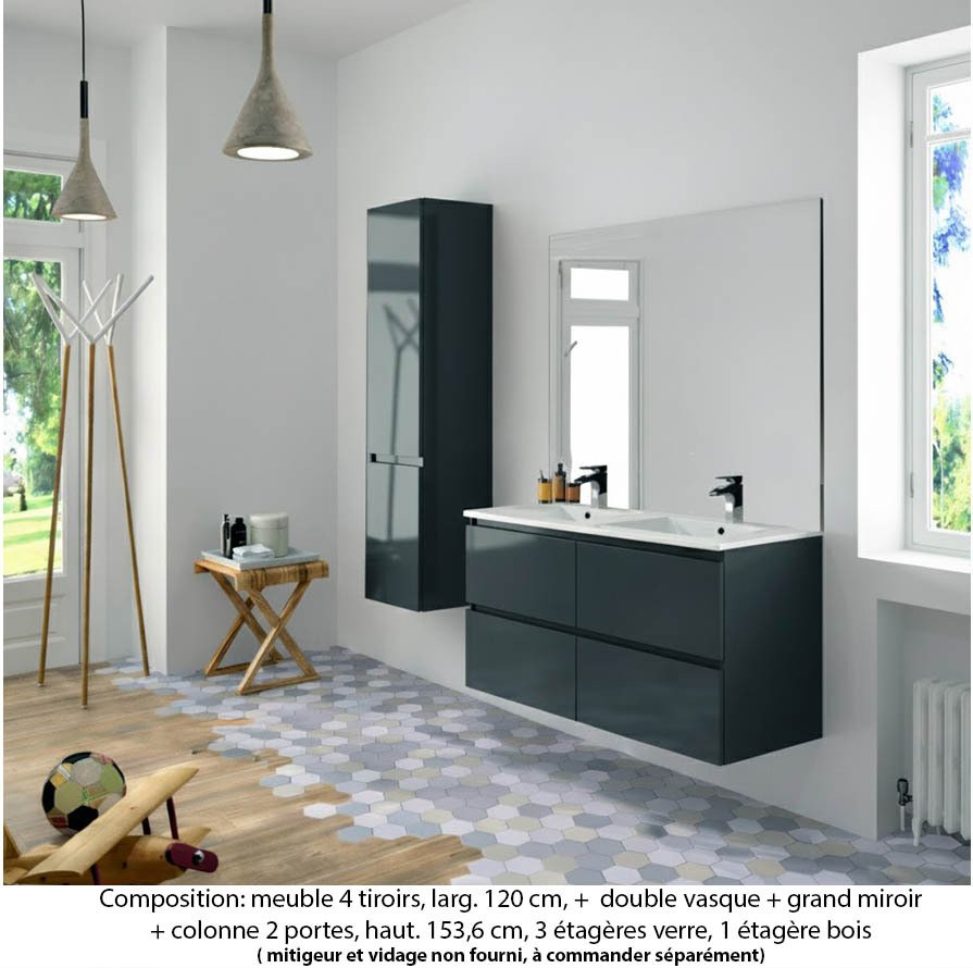 Ensemble meuble de salle de bain Oxford 120 cm basalte brillant, plan double double vasque céramique, 4 tiroirs , miroir plan , colonne P. 35 cm x H. 153 cm