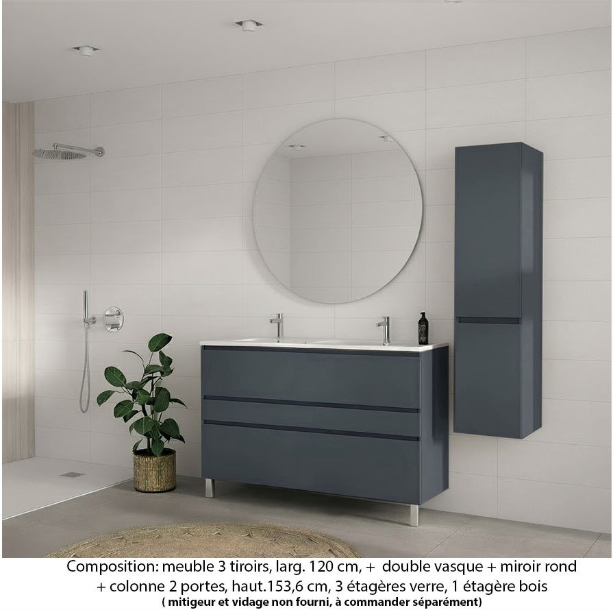 Ensemble meuble de salle de bain Oxford 120 cm basalte brillant, plan double vasque marbre reconstitué, 3 tiroirs , miroir rond , colonne P. 35 cm x H. 153 cm