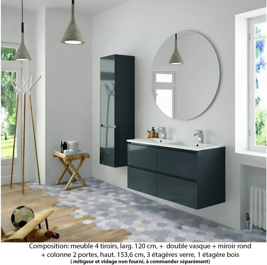 Ensemble meuble de salle de bain Oxford 120 cm basalte brillant, plan double double vasque céramique, 4 tiroirs , miroir rond , colonne P. 35 cm x H. 153 cm