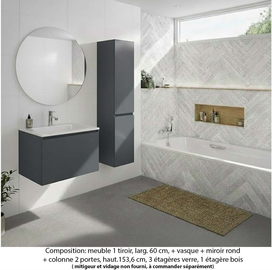 Ensemble meuble de salle de bain Oxford 100 cm basalte brillant, plan vasque marbre reconstitué, 1 tiroir , miroir rond , colonne P. 35 cm x H. 153 cm