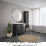 Ensemble meuble de salle de bain Oxford 90 cm basalte brillant, plan vasque marbre reconstitué, 3 tiroirs , miroir rond , colonne P. 35 cm x H. 153 cm