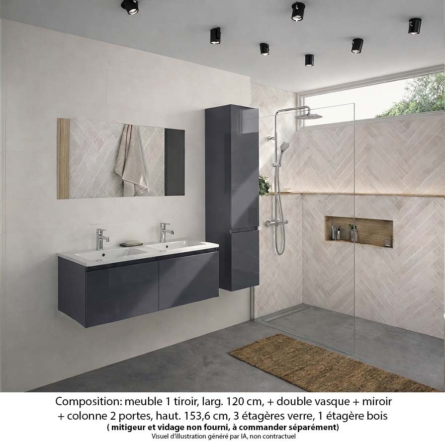 Ensemble meuble de salle de bain Oxford 120 cm basalte brillant, plan double vasque marbre reconstitué, 2 tiroirs , miroir simple , colonne P. 35 cm x H. 153 cm
